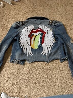 Denimland Rolling Stones Denim Jean Jacket Small Embellished Distressed